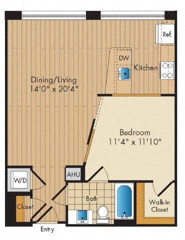 Floor plan for 1 bed, 1 bath, 719 sqft